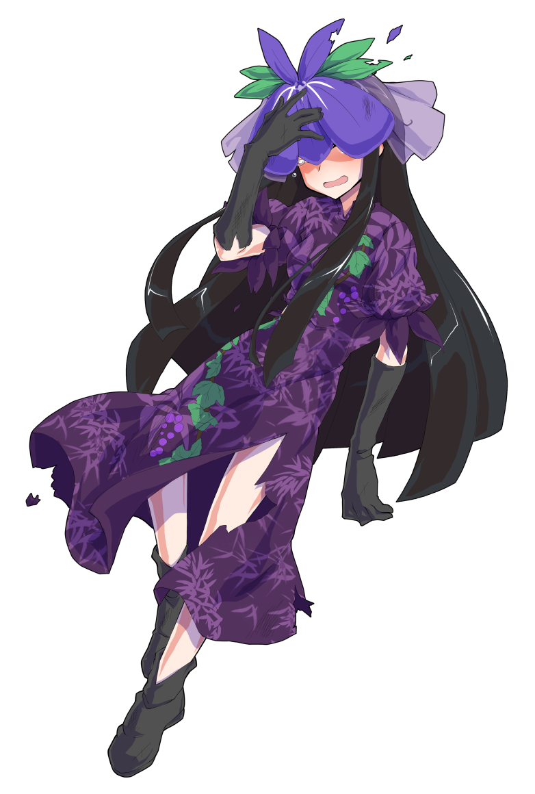 1girl alphes_(style) black_footwear black_gloves black_hair boots breasts china_dress chinese_clothes dairi defeat dress flower flower_on_head food_print fruit_print full_body gloves grape_print long_hair medium_breasts parody purple_dress purple_flower short_sleeves sidelocks solo style_parody tachi-e tears torn_clothes torn_dress touhou transparent_background vine_print yomotsu_hisami