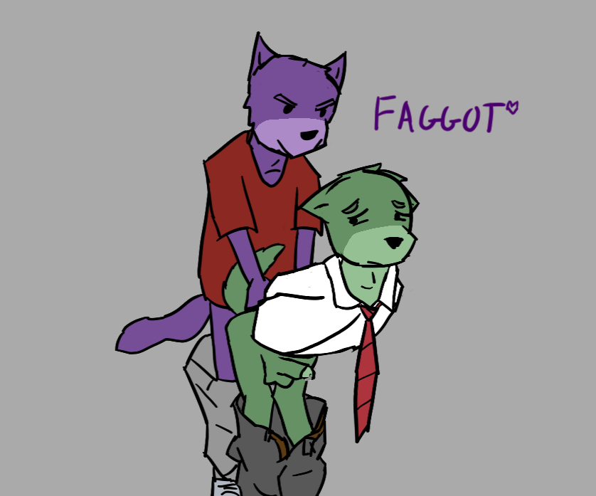 anthro bent_over blazeythewolf bottomwear bottomwear_down clothed clothing fur green_body green_fur hands_behind_back insult male male/male necktie pants pants_down partially_clothed purple_body purple_fur questionable_consent red_clothing red_necktie red_shirt red_topwear shirt slur topwear