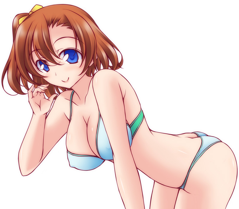 1girl blue_eyes bra breasts brown_hair closed_mouth commentary_request cowboy_shot green_bra green_panties hair_ribbon hand_in_own_hair kikuchi_tsutomu kousaka_honoka leaning_forward love_live! love_live!_school_idol_project medium_breasts one_side_up panties ribbon short_hair smile solo underwear underwear_only yellow_ribbon