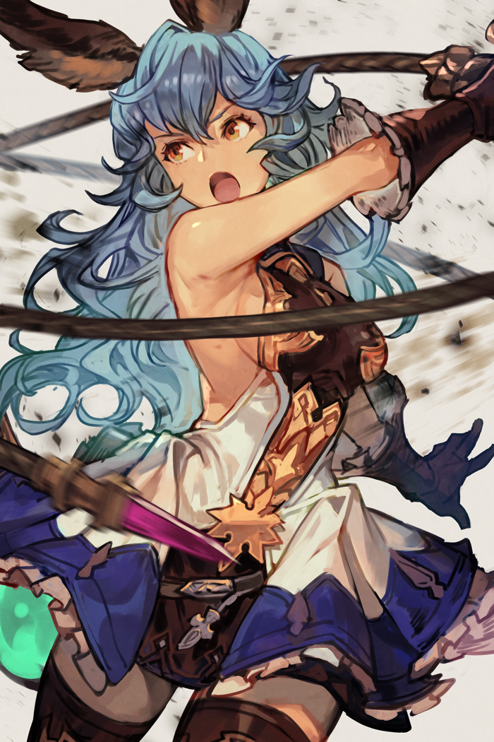 1girl animal_ears armpits attack backless_dress backless_outfit bare_shoulders blue_hair breasts brown_eyes brown_gloves brown_thighhighs cowboy_shot debris dress erune ferry_(granblue_fantasy) frilled_gloves frilled_skirt frills gloves granblue_fantasy hair_between_eyes holding holding_whip hungry_clicker long_hair looking_to_the_side medium_breasts motion_blur open_mouth serious sideboob simple_background skirt sleeveless sleeveless_dress solo thighhighs wavy_hair weapon whip white_background zettai_ryouiki