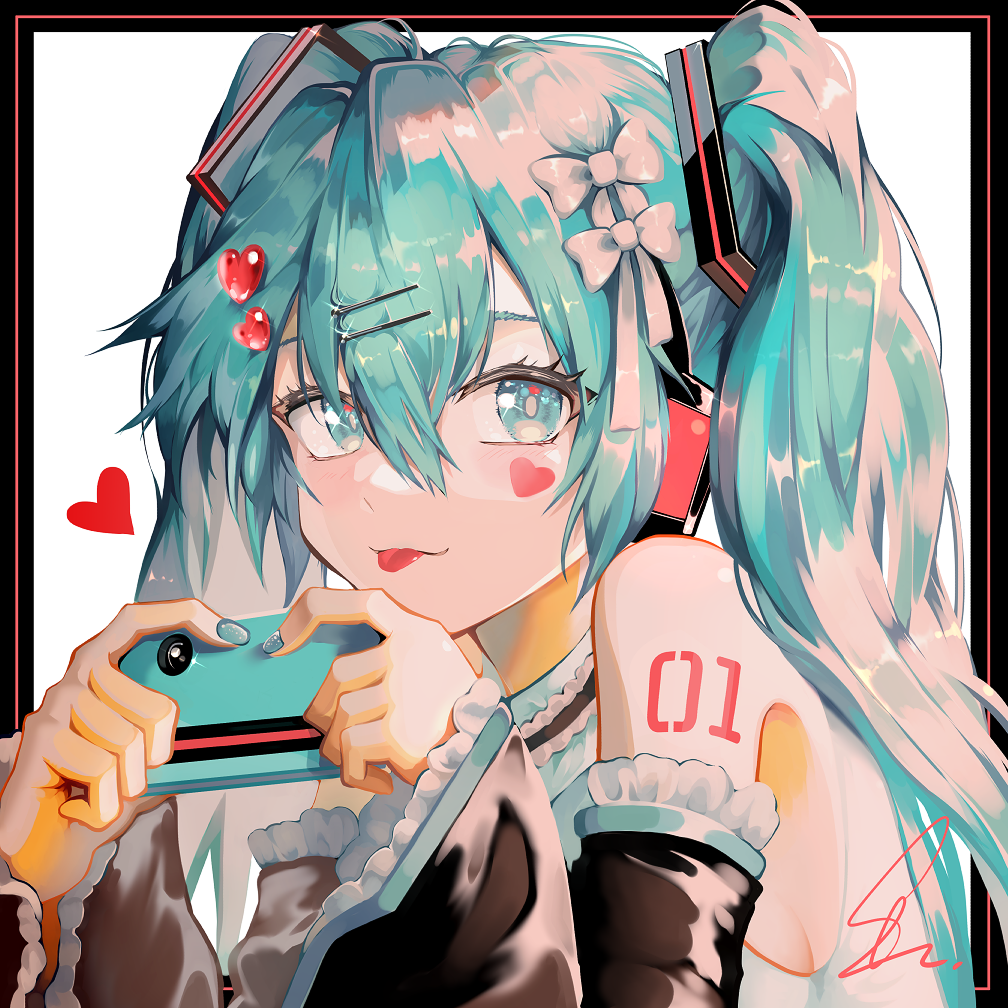 1girl aqua_eyes aqua_hair bare_shoulders black_sleeves blue_nails cellphone commentary_request detached_sleeves facial_mark hair_between_eyes hair_ornament hairclip hands_up hatsune_miku heart holding holding_phone long_hair long_sleeves nail_polish phone saihate_(d3) shirt signature sleeveless sleeveless_shirt sleeves_past_wrists solo twintails upper_body vocaloid white_background white_shirt wide_sleeves