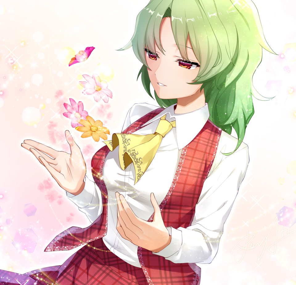 1girl ascot collared_shirt commentary_request floating floating_object flower green_hair kazami_yuuka open_clothes open_hands open_vest plaid plaid_skirt plaid_vest red_eyes red_skirt red_vest sea_scorpion_(umisasori) shirt short_hair skirt skirt_set solo sparkle touhou vest white_background white_shirt yellow_ascot