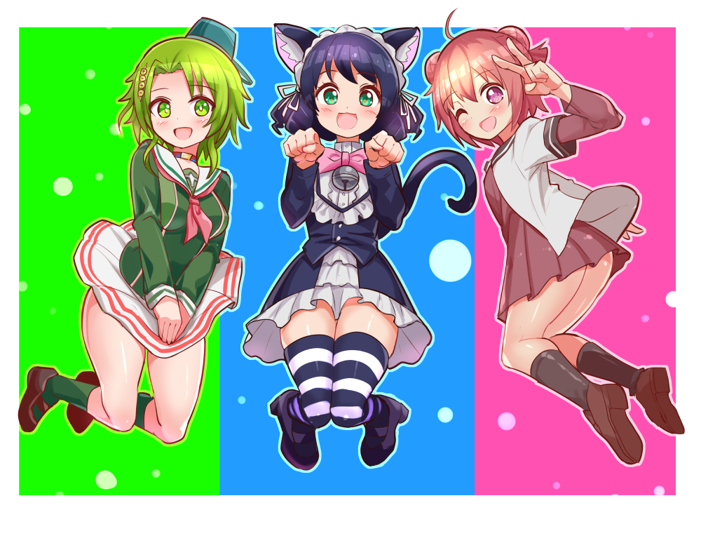 3girls :d ;d ahoge akaza_akari animal_ears aqua_headwear bell black_dress black_footwear black_hair black_sailor_collar black_socks black_thighhighs bow bowtie brown_footwear bucket bucket_on_head cat_ears cat_girl cat_tail choker commission cougar_(cougar1404) crossover cyan_(show_by_rock!!) double_bun dress floating frilled_dress frills from_behind green_eyes green_hair green_shirt green_socks hair_bun hat jingle_bell kimi_ga_shine kizuchi_kanna layered_sleeves legs_up loafers long_sleeves looking_at_viewer looking_back miniskirt multiple_crossover multiple_girls neck_bell neckerchief object_on_head one_eye_closed open_mouth paw_pose pink_bow pink_bowtie pink_eyes pink_neckerchief pleated_skirt red_dress red_hair sailor_collar school_uniform shirt shoes short_dress short_hair short_over_long_sleeves short_sleeves show_by_rock!! skeb_commission skirt skirt_tug smile socks striped striped_thighhighs tail thighhighs tilted_headwear v white_sailor_collar white_skirt yuru_yuri