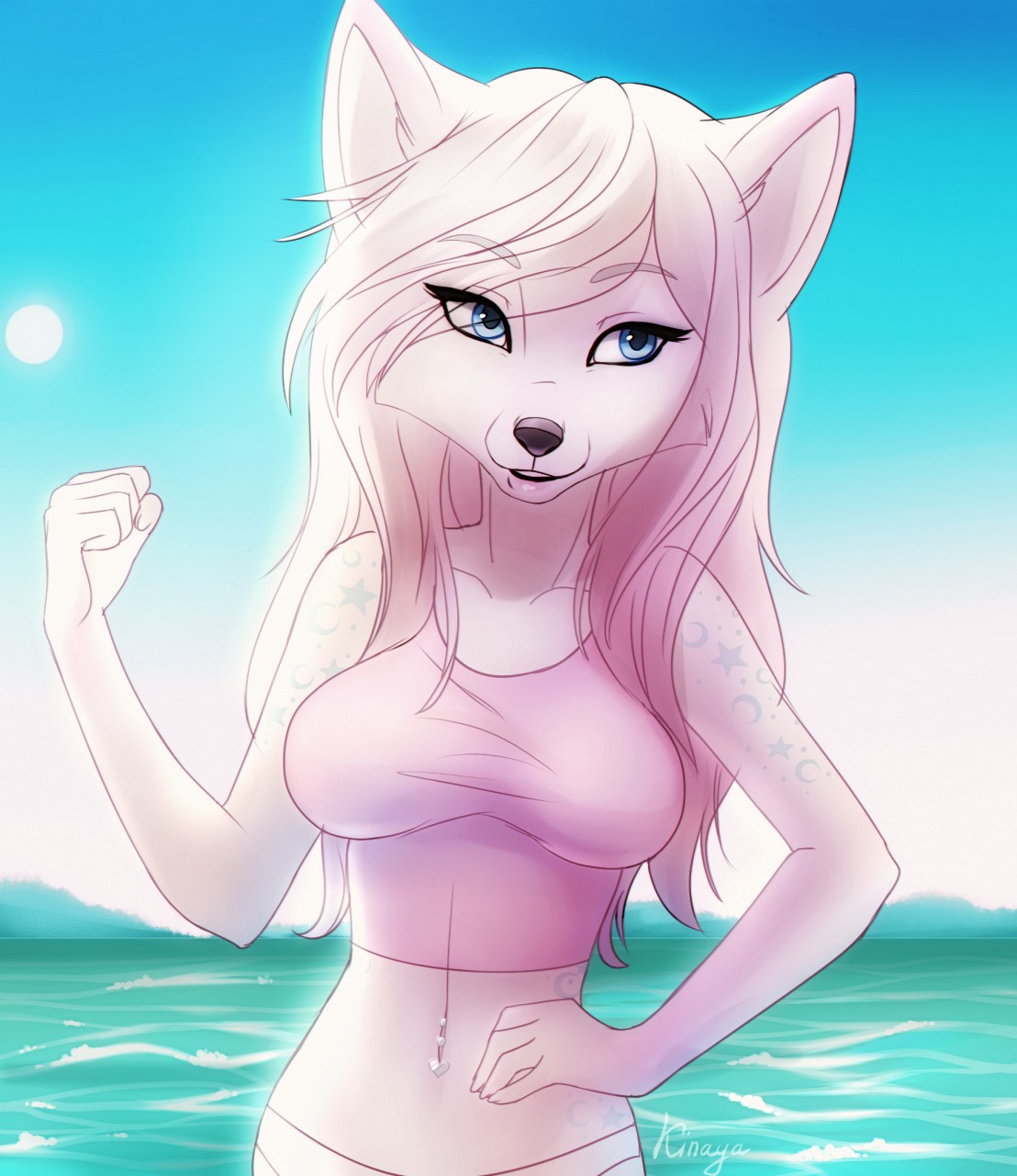 2017 5_fingers anthro artist_name black_nose blue_eyes blue_sky canid canine clothing digital_media_(artwork) eyelashes female fingers fist hair half-length_portrait hand_on_own_belly hi_res layala long_hair mammal navel navel_piercing outside piercing pink_clothing pink_hair pink_topwear portrait shaded sky solo standing topwear water