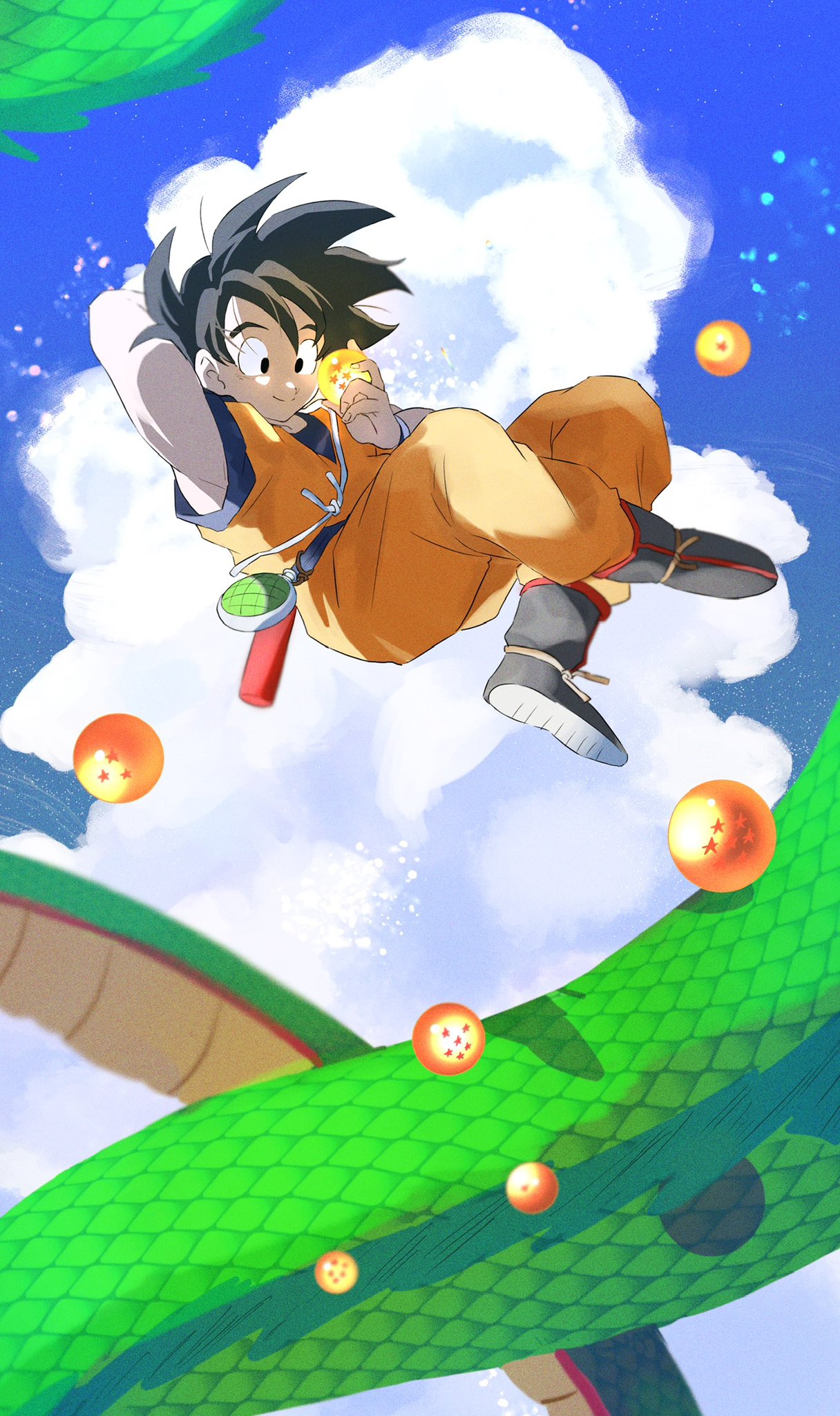 1boy animal ankle_boots aonano_db arm_behind_back armpit_crease backlighting black_eyes black_footwear black_hair blue_sash blue_shirt blue_sky boots closed_mouth cloud cloudy_sky collarbone crossed_ankles cumulonimbus_cloud day dragon dragon_ball dragon_ball_(object) dragon_ball_z dragon_radar eastern_dragon facing_viewer fingernails floating glowing green_scales hair_between_eyes hand_up happy highres holding light_particles looking_at_object looking_down male_focus messy_hair nyoibo obi orange_pants orange_shirt outdoors pants parted_bangs rope sash scales shade shadow shenron_(dragon_ball) shirt sky smile son_goku spiked_hair sunlight tareme undershirt weapon