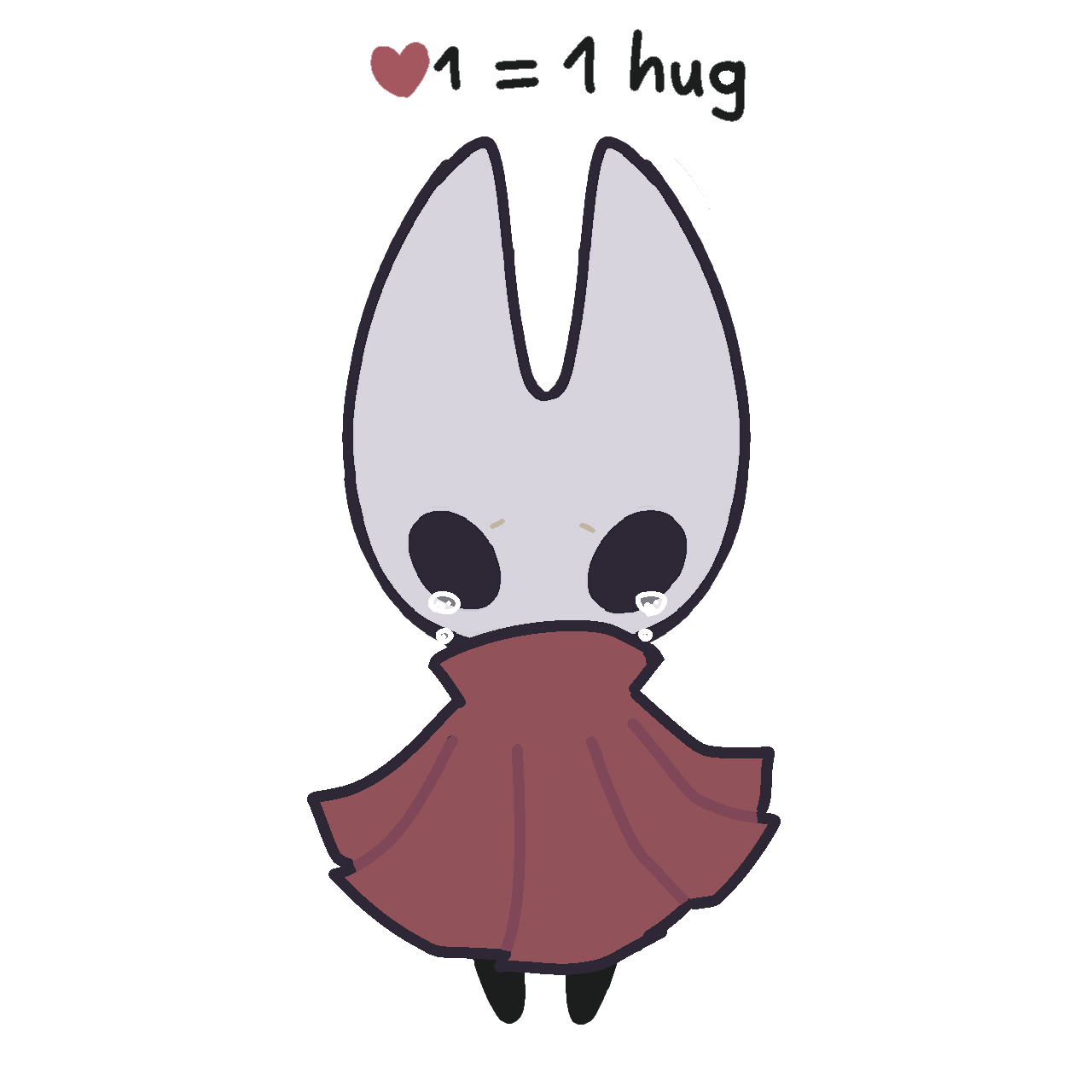 1girl alicezakat arthropod_girl black_eyes black_skin blank_eyes chibi cloak colored_skin commentary crying english_commentary english_text flat_color full_body heart high_collar highres hollow_knight hornet_(hollow_knight) jaggy_lines looking_at_viewer raised_eyebrows red_cloak sad simple_background sketch solo standing straight-on tears white_background
