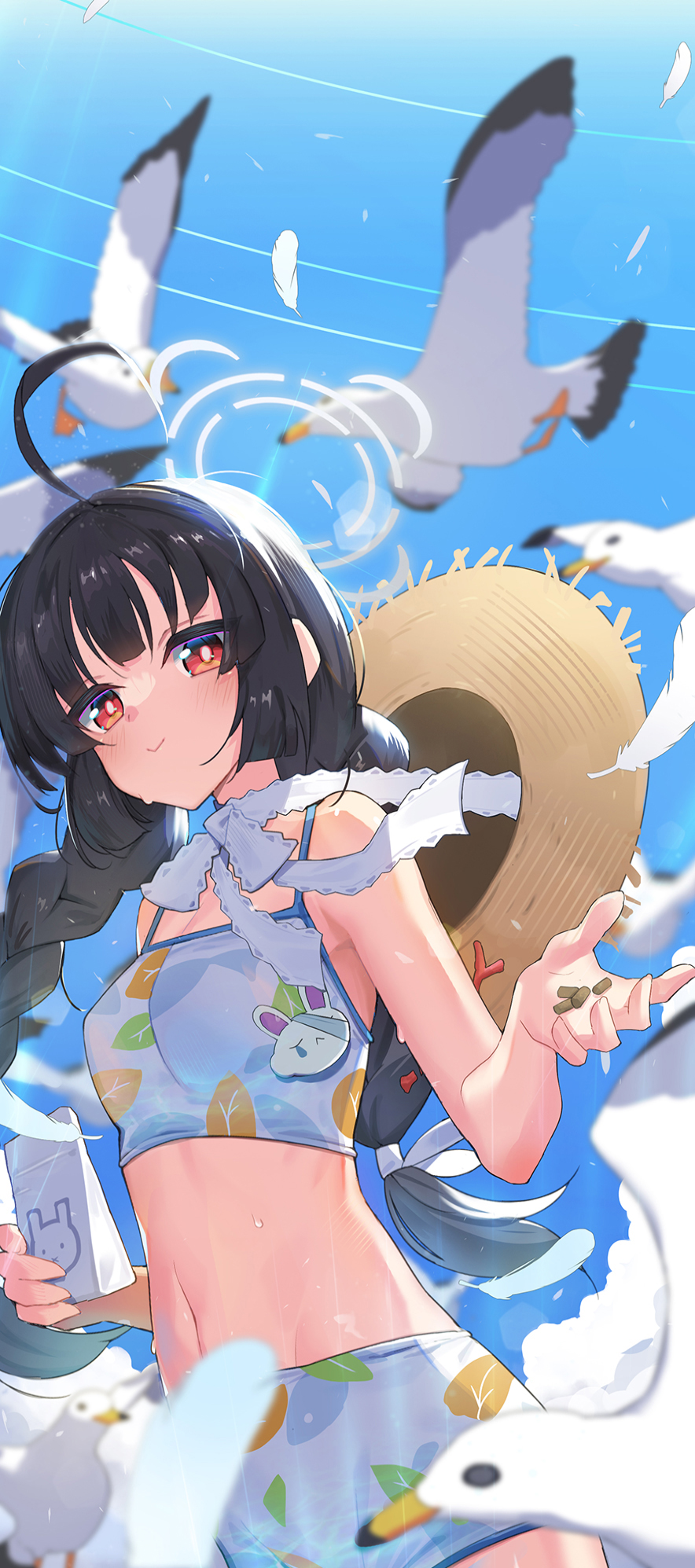 1girl :&gt; ahoge bag bikini bird black_hair blue_archive blurry blurry_background blurry_foreground braid breasts cleavage closed_mouth cloud day feathers hat hat_around_neck highres holding holding_bag lens_flare long_hair looking_at_viewer mixed-language_commentary miyu_(blue_archive) miyu_(swimsuit)_(blue_archive) navel outdoors pet_food red_eyes seagull small_breasts solo standing straw_hat sweat swimsuit twin_braids upper_body white_bikini zxash