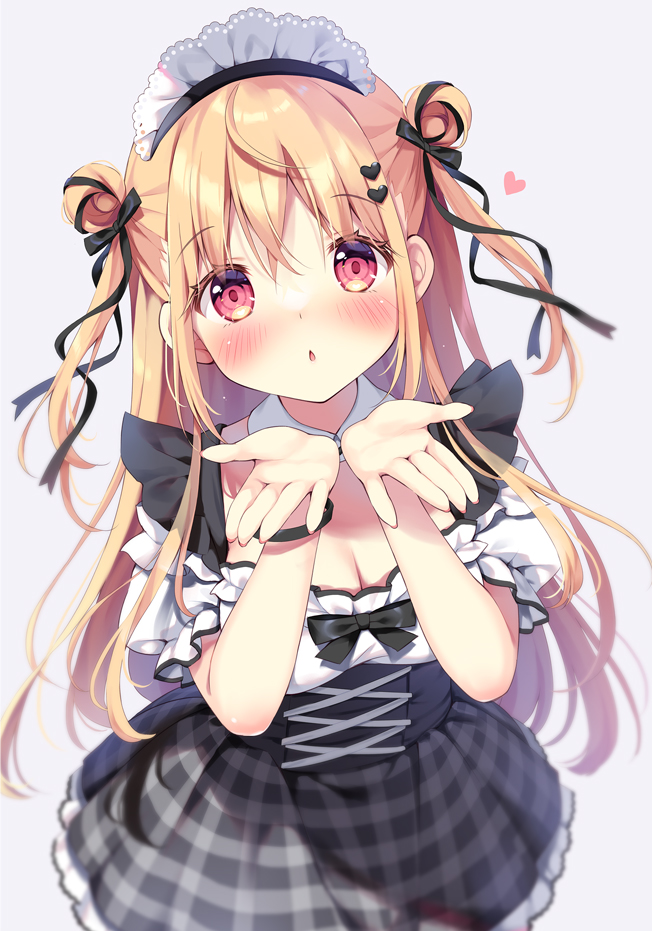 1girl black_bow blonde_hair blush bow breasts chestnut_mouth cleavage commentary_request double_bun grey_background hair_between_eyes hair_bow hair_bun hair_ornament hands_up heart heart_hair_ornament looking_at_viewer maid_headdress medium_breasts original pan_(mimi) parted_lips plaid plaid_skirt pleated_skirt puffy_short_sleeves puffy_sleeves shirt short_sleeves simple_background skirt solo two_side_up white_shirt