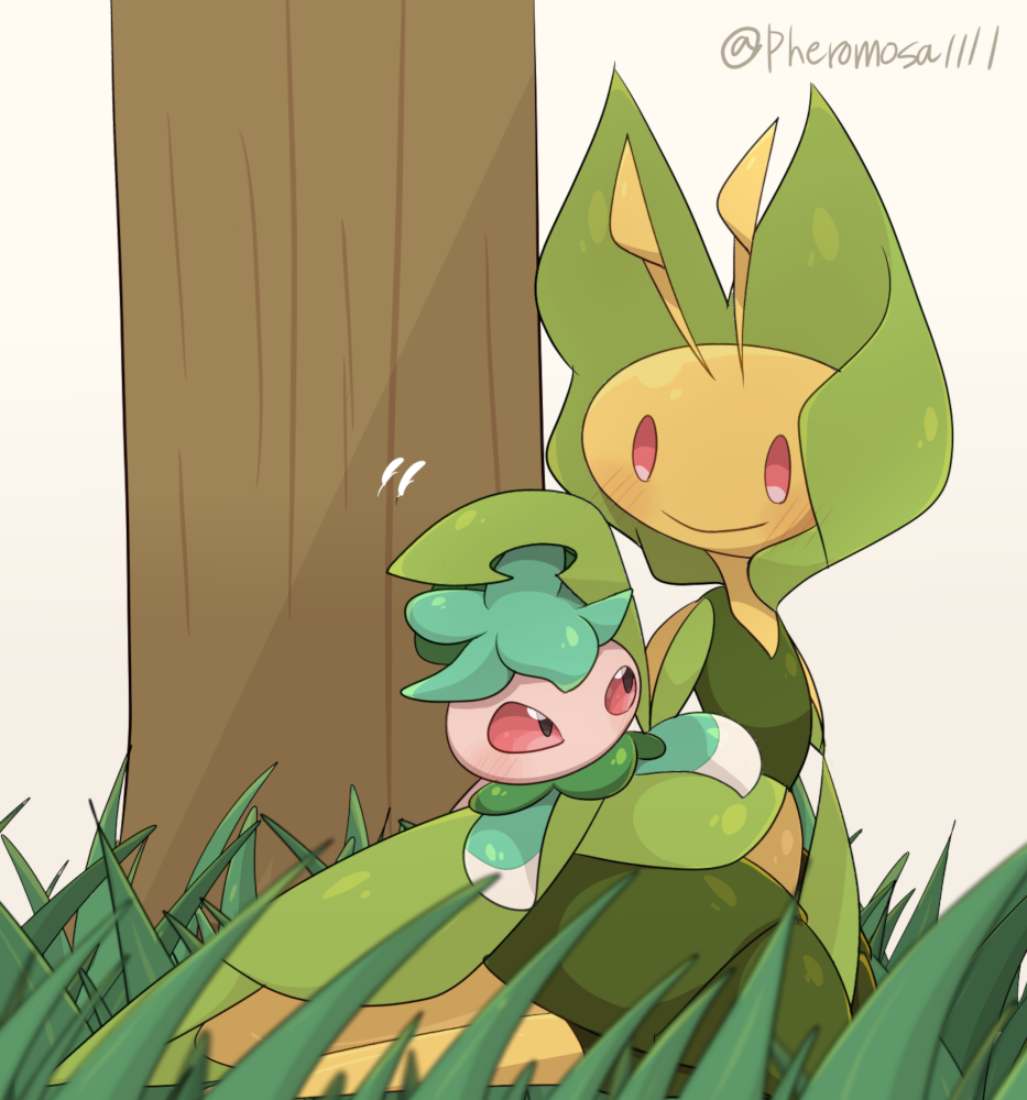 1girl a-nya antennae arthropod_girl artist_name between_legs black_eyes blank_eyes blush closed_mouth colored_sclera colored_skin commentary_request day eye_contact flat_chest fomantis furry furry_female grass green_skin hand_between_legs hand_on_another's_head happy headpat leavanny looking_at_another motion_lines multicolored_skin on_ground outdoors pokemon pokemon_(creature) red_eyes red_sclera shiny_skin signature sitting smile tree twitter_username yellow_skin yokozuwari