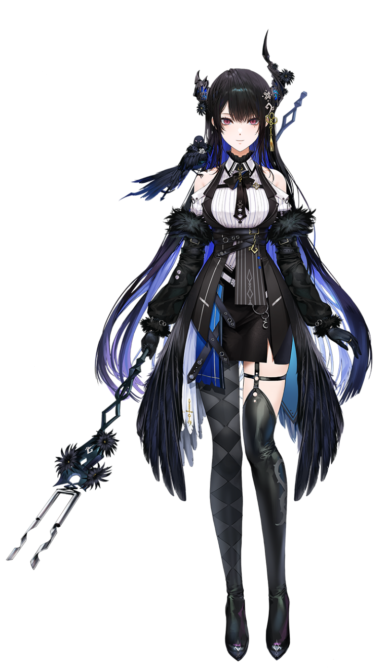 1girl animal_on_shoulder bare_shoulders bird bird_on_shoulder black_gloves black_hair black_leggings black_thighhighs blue_hair crow gloves hair_ornament highres holding holding_polearm holding_weapon hololive hololive_english horns kim_eb leggings mole mole_under_eye multicolored_hair nerissa_ravencroft official_art polearm red_eyes shadow_(nerissa_ravencroft) single_thighhigh solo thighhighs transparent_background virtual_youtuber weapon