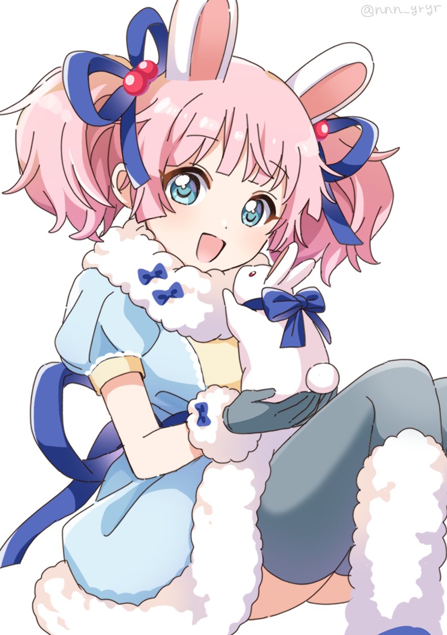 1girl :d animal_ears blue_dress blue_eyes blue_ribbon commentary dress fur-trimmed_dress fur-trimmed_gloves fur_trim gloves grey_gloves grey_thighhighs hair_bobbles hair_ornament hair_ribbon highres looking_at_viewer nnn_yryr open_mouth pink_hair puffy_short_sleeves puffy_sleeves rabbit rabbit_ears ribbon short_sleeves simple_background sitting smile solo symbol-only_commentary thighhighs twintails twitter_username white_background yoshikawa_chinatsu yuru_yuri