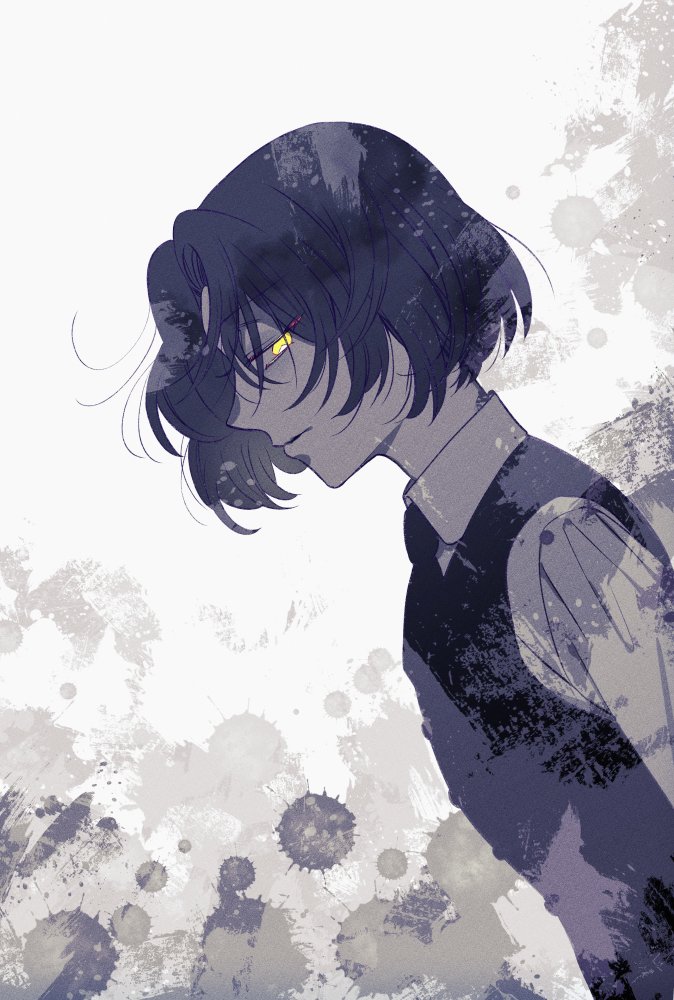 1boy closed_mouth collared_shirt expressionless greyscale long_sleeves looking_at_viewer louis_de_sade male_focus mochizuki_jun monochrome necktie parted_bangs shirt short_hair sidelighting sideways_glance solo splatter_background spot_color upper_body vanitas_no_carte vest white_background yellow_eyes