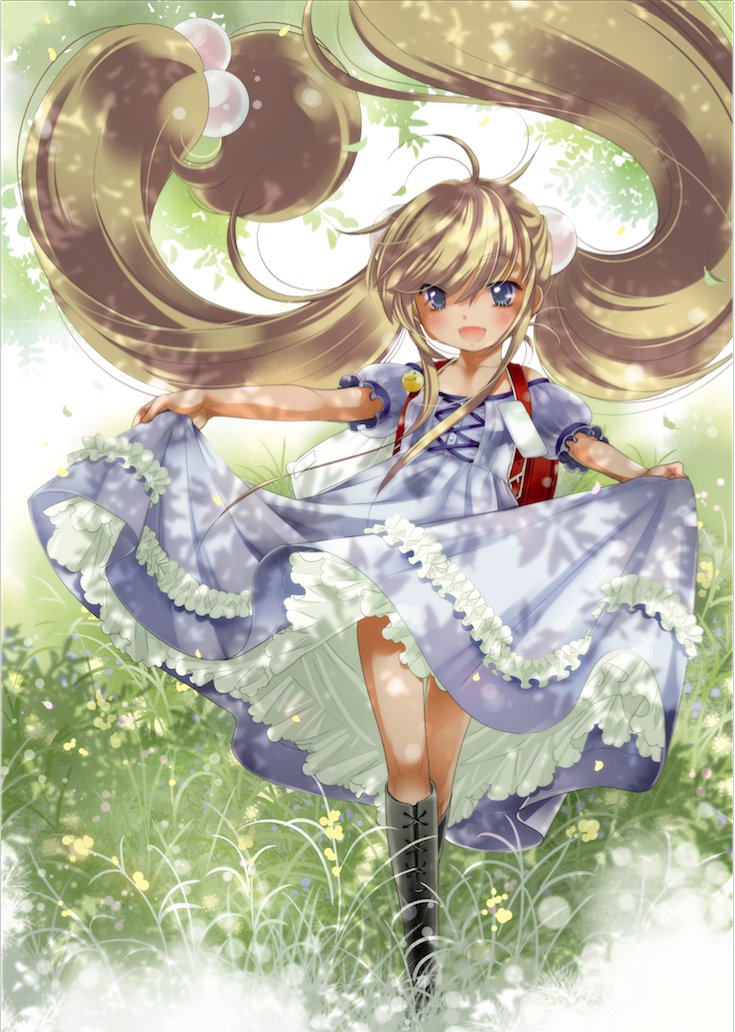 1girl backpack bag black_footwear blonde_hair blue_eyes blush boots dress floating_hair frilled_dress frills full_body grass hair_bobbles hair_ornament kodomo_no_jikan kokonoe_rin long_hair looking_at_viewer official_art open_mouth outdoors purple_dress randoseru red_bag short_sleeves skirt_hold solo twintails very_long_hair watashiya_kaworu