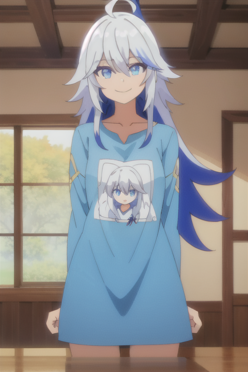 1girl aged_up ahoge ai-generated blue_eyes blue_hair blue_shirt cain_von_silford genderswap grey_hair indoors long_hair oversized_clothes print_shirt shirt smile solo standing