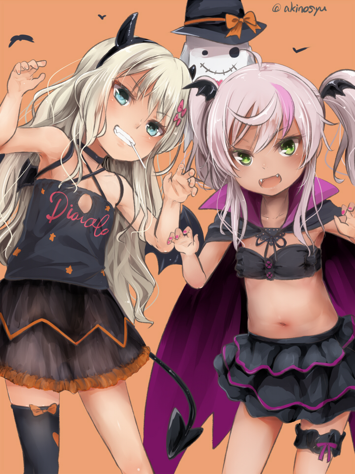 2girls :d akino_shuu black_camisole black_choker black_cloak black_hairband black_headwear black_horns black_skirt blonde_hair blue_eyes bow brown_background camisole choker claw_pose cloak collarbone comandante_cappellini_(kancolle) commentary_request dark-skinned_female dark_skin demon_tail fake_horns fangs grecale_(kancolle) green_eyes grin hair_between_eyes hair_bow hairband halloween halloween_costume hands_up hat horns kantai_collection layered_skirt long_hair mouth_hold multicolored_hair multiple_girls nail_polish navel official_alternate_costume open_mouth pink_bow pink_hair pleated_skirt purple_nails red_bow simple_background skirt smile streaked_hair tail twintails twitter_username very_long_hair witch_hat