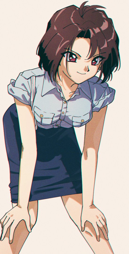 1girl blue_shirt blue_skirt breast_pocket breasts brown_hair collared_shirt feet_out_of_frame hands_on_own_knees leaning_forward medium_breasts nzeneee pencil_skirt pocket police police_uniform policewoman red_eyes shirt short_hair simple_background skirt sleeves_rolled_up solo taiho_shichauzo tsujimoto_natsumi uniform white_background