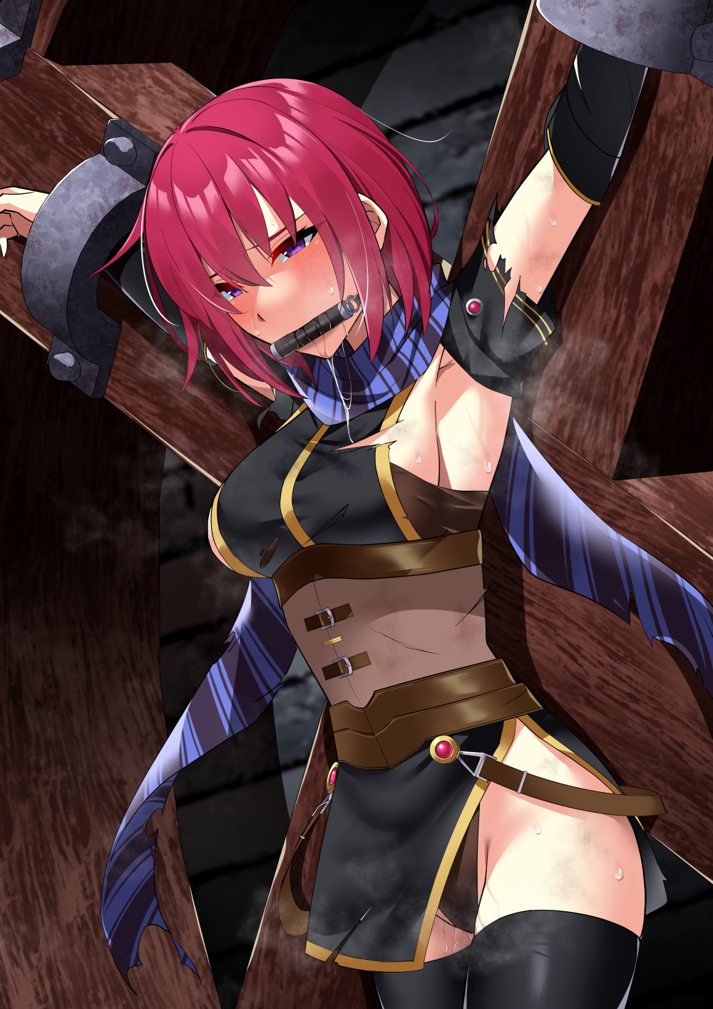 1girl armpits arms_up bdsm bit_gag black_thighhighs blue_stripes bondage bound breasts commission gag highres mizuno_asami nel_zelpher purple_eyes red_hair restrained scarf short_hair skeb_commission solo st._andrew's_cross star_ocean striped striped_scarf sweat thighhighs torn_clothes