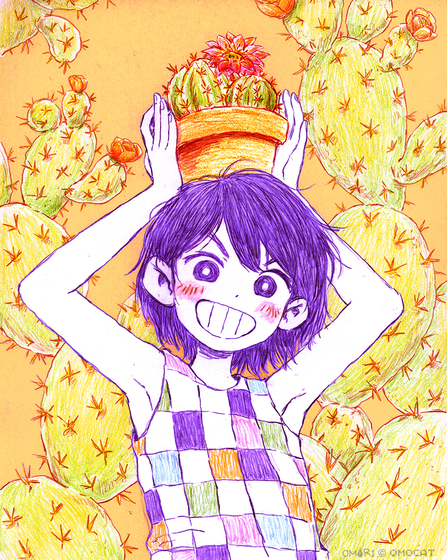 1boy arms_up cactus colored_skin flower_pot grin holding holding_flower_pot kel_(headspace)_(omori) kel_(omori) looking_at_viewer official_art omocat omori parted_lips plant potted_plant purple_eyes purple_hair short_hair smile solo teeth upper_body white_skin