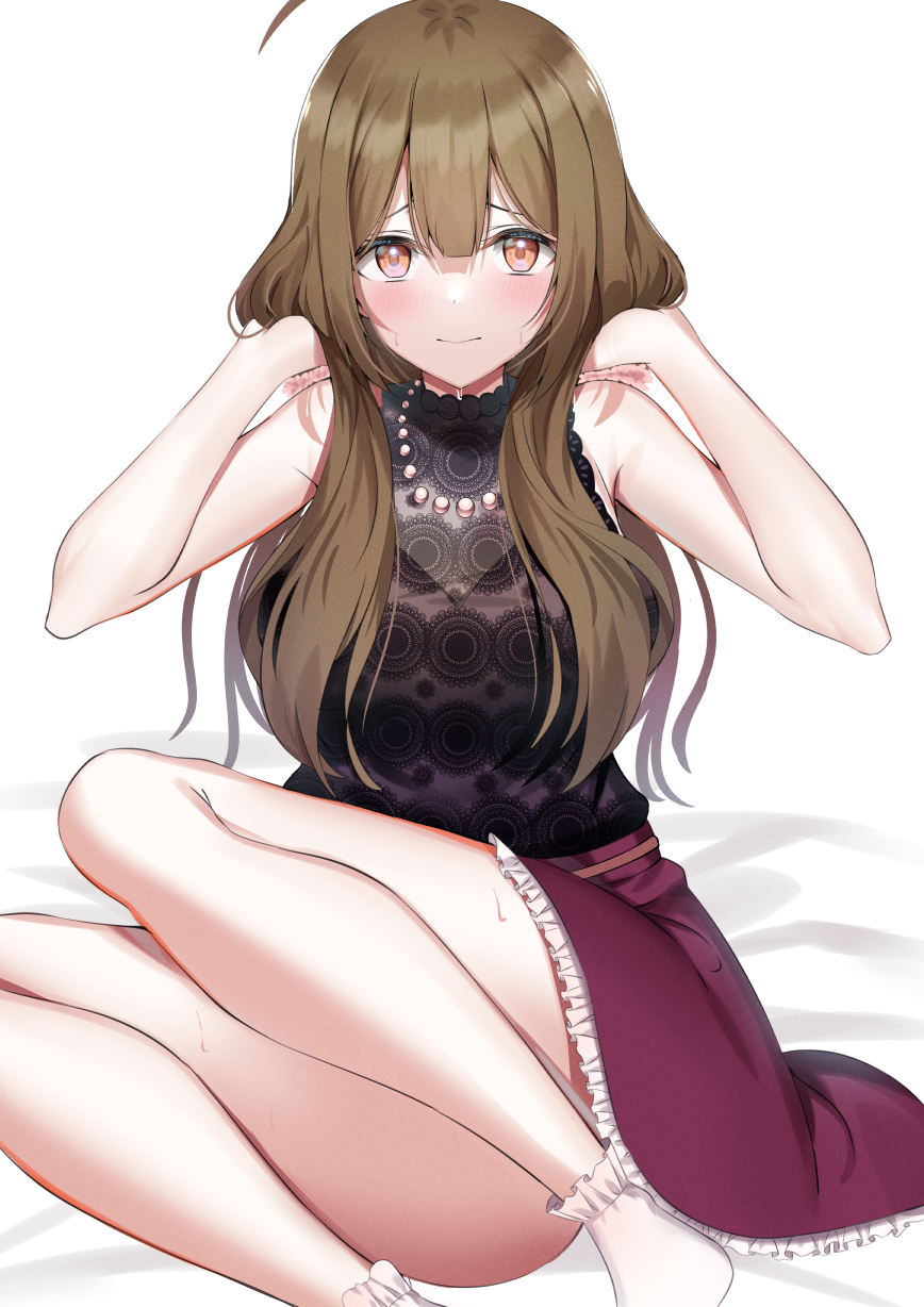 1girl ahoge armpit_crease arms_behind_head bare_legs bed_sheet blush breasts brown_hair hair_over_shoulder highres idolmaster idolmaster_shiny_colors jewelry kanikou kuwayama_chiyuki large_breasts looking_at_viewer necklace patterned_clothing pearl_necklace petticoat see-through_cleavage shirt sitting sleeveless sleeveless_shirt solo sweatdrop