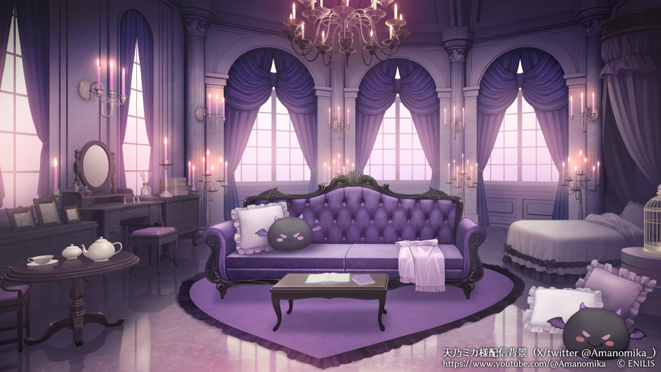 bed bedroom birdcage blanket book cage candelabra candle candlestand canopy_bed chair chandelier copyright couch cup curtains cushion frills indoors mirror no_humans official_art open_book picture_(object) purple_theme rug sachi_(yumemayoi) scenery stool stuffed_demon stuffed_toy sugar_bowl table teacup teapot vanity_table vlash window