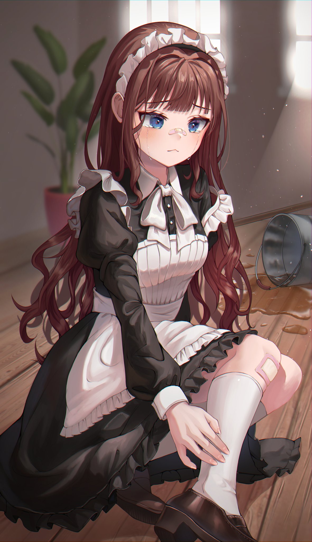 1girl apron bandaid bandaid_on_face bandaid_on_knee bandaid_on_leg bandaid_on_nose blue_eyes blunt_bangs blush bow bowtie breasts brown_footwear brown_hair bucket bucket_spill crying crying_with_eyes_open dress english_commentary frilled_dress frills frown highres injury light_particles long_hair long_sleeves looking_to_the_side maid maid_apron maid_headdress on_floor original plant potted_plant sitting small_breasts socks solo spill sunlight syu_bit tears water wavy_hair white_bow white_bowtie white_socks window wooden_floor
