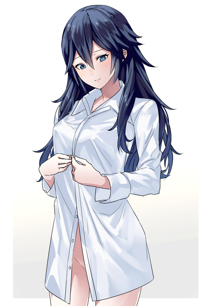1girl ameno_(a_meno0) blue_eyes blue_hair bottomless breasts covered_nipples fire_emblem fire_emblem_awakening gradient_background hair_between_eyes long_hair long_sleeves looking_at_viewer lucina_(fire_emblem) medium_breasts naked_shirt shirt smile solo symbol-shaped_pupils thighs white_background