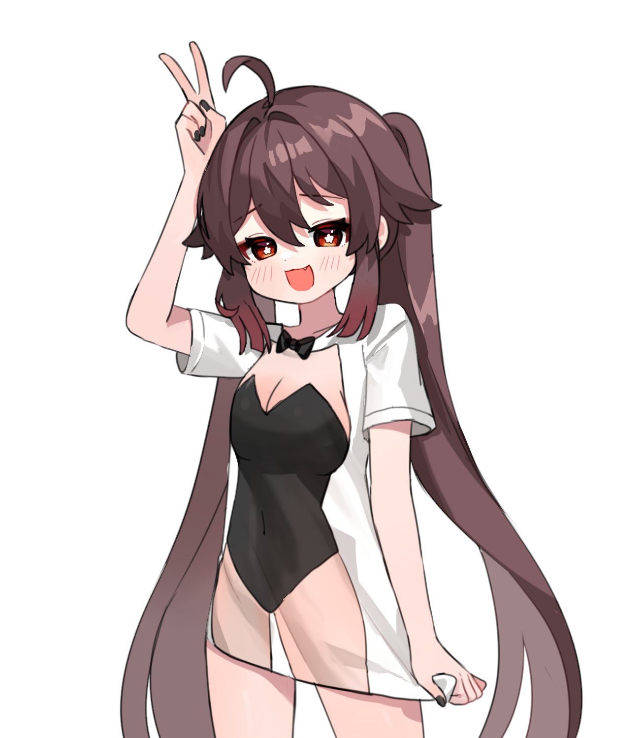 1girl :3 :d ahoge alternate_costume black_bow black_bowtie black_nails bow bowtie brown_hair clothes_pull commentary dress dress_pull english_commentary fang genshin_impact hair_between_eyes highres hu_tao_(genshin_impact) long_hair looking_at_viewer miyako_draw nail_polish nontraditional_playboy_bunny optical_illusion pulled_by_self rabbit_pose red_eyes short_dress short_sleeves sidelocks simple_background smile solo symbol-shaped_pupils twintails v white_background white_dress