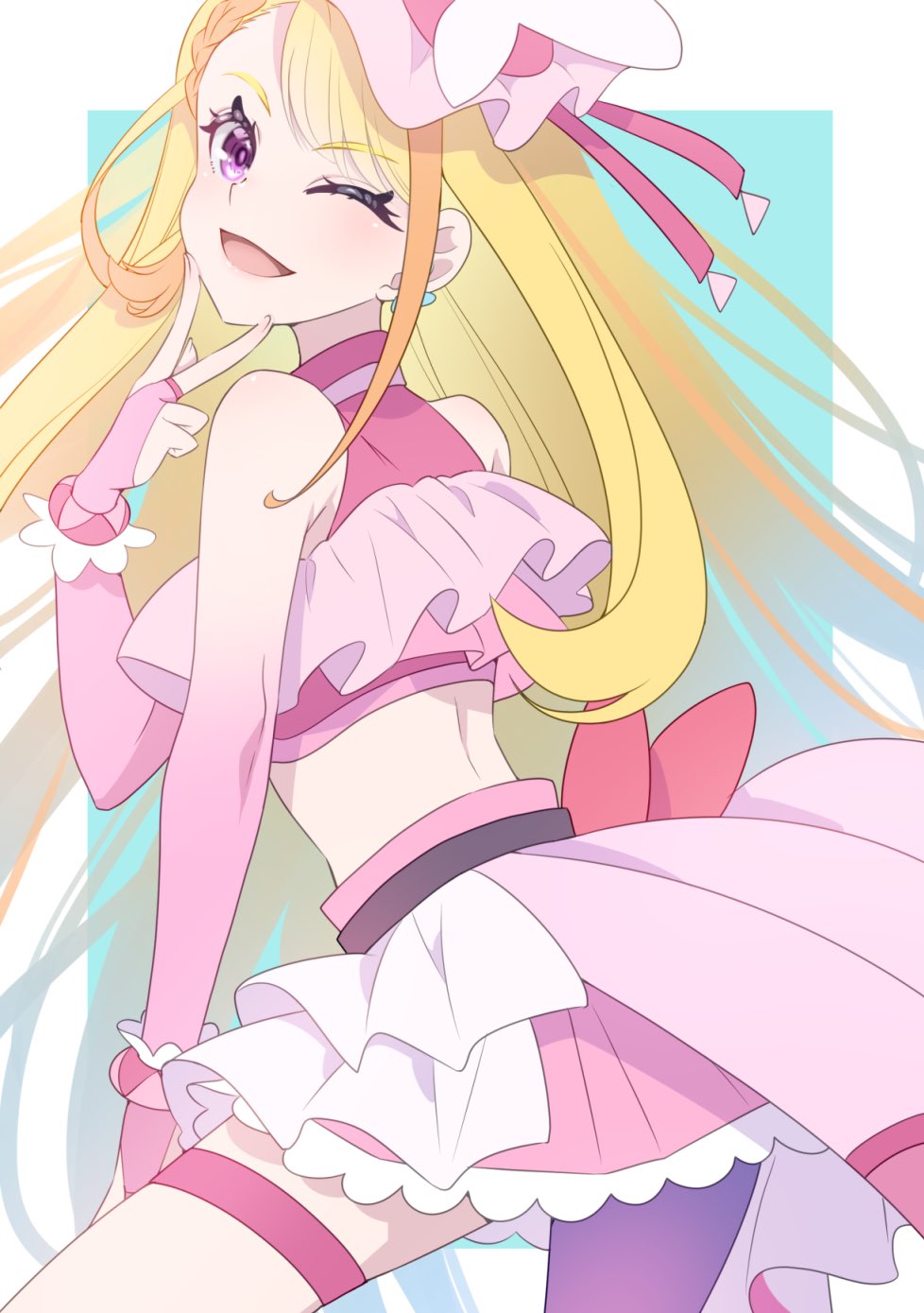 1girl ;d asymmetrical_clothes asymmetrical_legwear blonde_hair commentary_request cure_butterfly earrings eyelashes hair_ornament happy highres hijiri_ageha hirogaru_sky!_precure jewelry long_hair looking_at_viewer magical_girl midriff multicolored_hair one_eye_closed open_mouth orange_hair osarutukamaeru pink_skirt precure purple_eyes skirt smile solo standing streaked_hair thighhighs thighs v