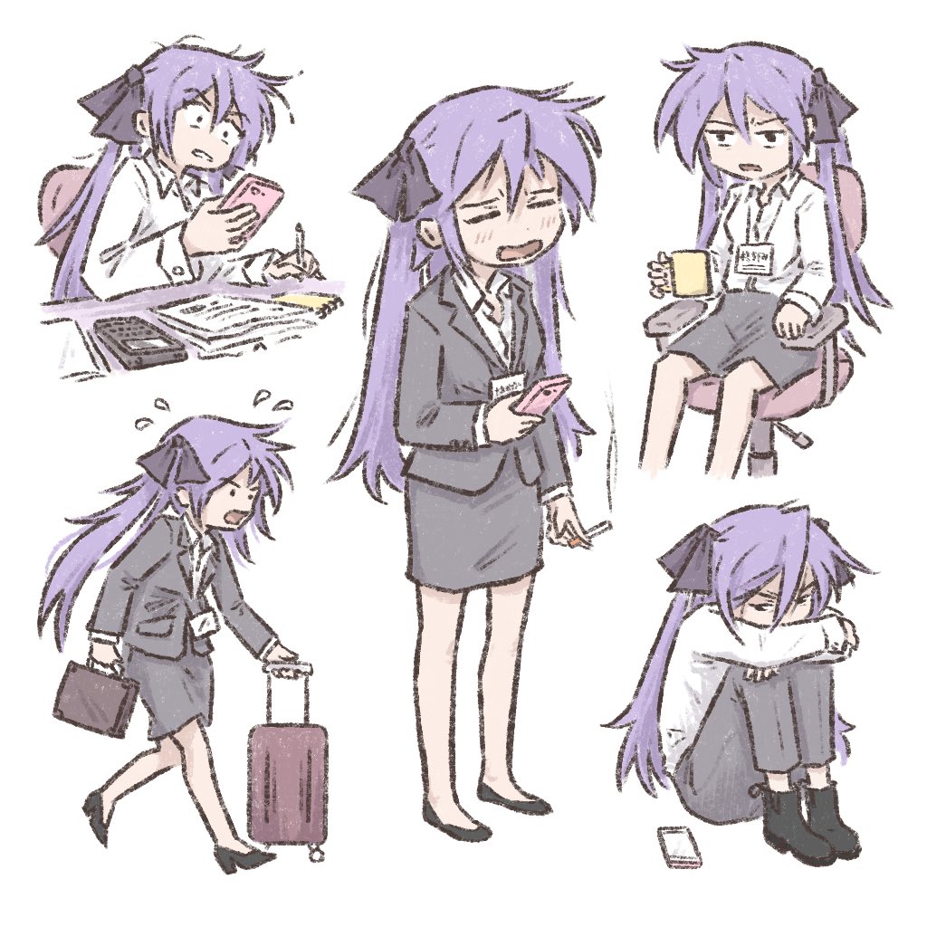 1girl black_skirt calculator cellphone chair cigarette coffee_mug constricted_pupils cup flying_sweatdrops hiiragi_kagami holding holding_cigarette holding_phone lanyard lucky_star medium_skirt mug name_tag office_chair office_lady pencil_skirt phone purple_hair rolling_suitcase sitting skirt smartphone suitcase swivel_chair truffleduster twintails