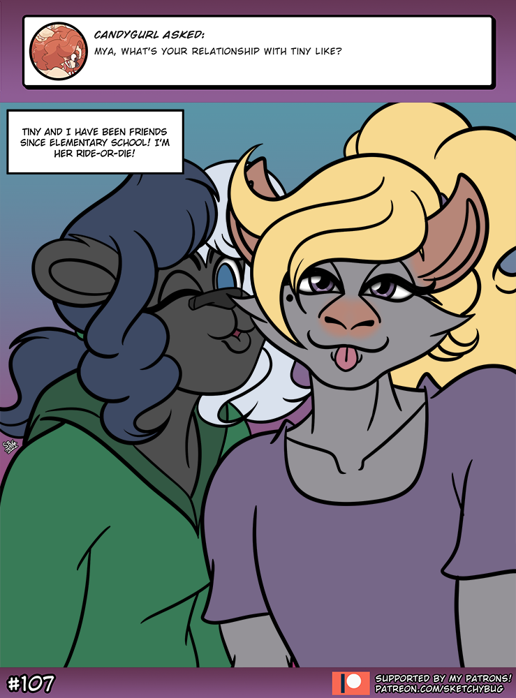 anthro beauty_mark duckface duo english_text female flashback hair mammal mephitid multicolored_hair murid murine mya_mariano one_eye_closed pigtails rat rodent selfie sketchybug skunk text tiny_laurent_(sketchybug) tongue tongue_out two_tone_hair wink