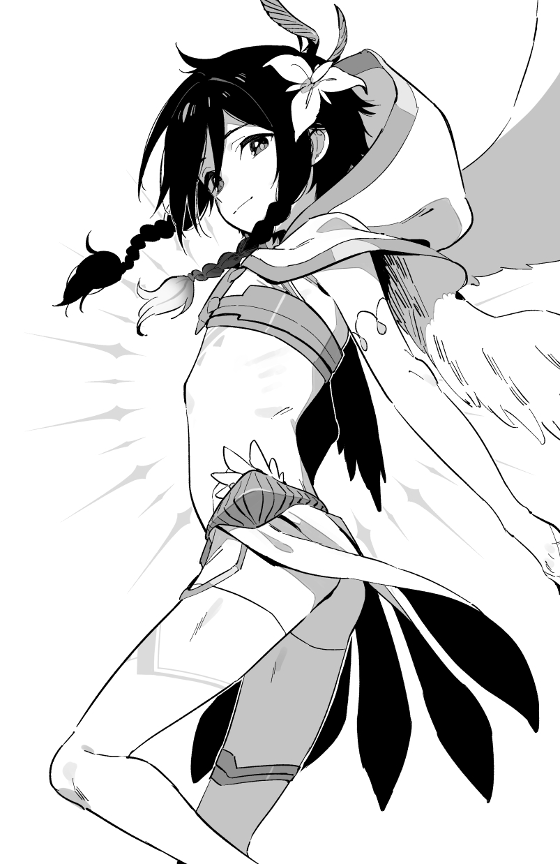 1boy androgynous braid capelet closed_mouth elbow_gloves feathered_wings flower genshin_impact gloves greyscale hair_flower hair_ornament highres hood hooded_capelet looking_at_viewer male_focus monochrome moyori otoko_no_ko short_hair_with_long_locks shorts simple_background solo thighhighs twin_braids venti_(archon)_(genshin_impact) venti_(genshin_impact) wings