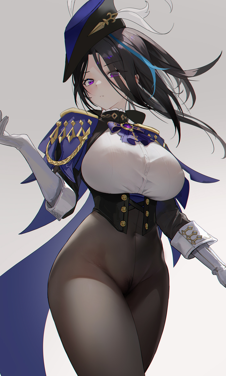 1girl black_corset black_hair black_pantyhose breasts cape chinese_commentary clorinde_(genshin_impact) closed_mouth corset cowboy_shot crossed_legs elbow_gloves epaulettes female_pubic_hair genshin_impact gloves grey_background hand_up hat highres large_breasts long_hair looking_at_viewer multicolored_hair omone_hokoma_agm pantyhose pubic_hair purple_cape purple_eyes purple_headwear shirt shoulder_cape solo streaked_hair taut_clothes taut_shirt tricorne vision_(genshin_impact) white_gloves white_shirt