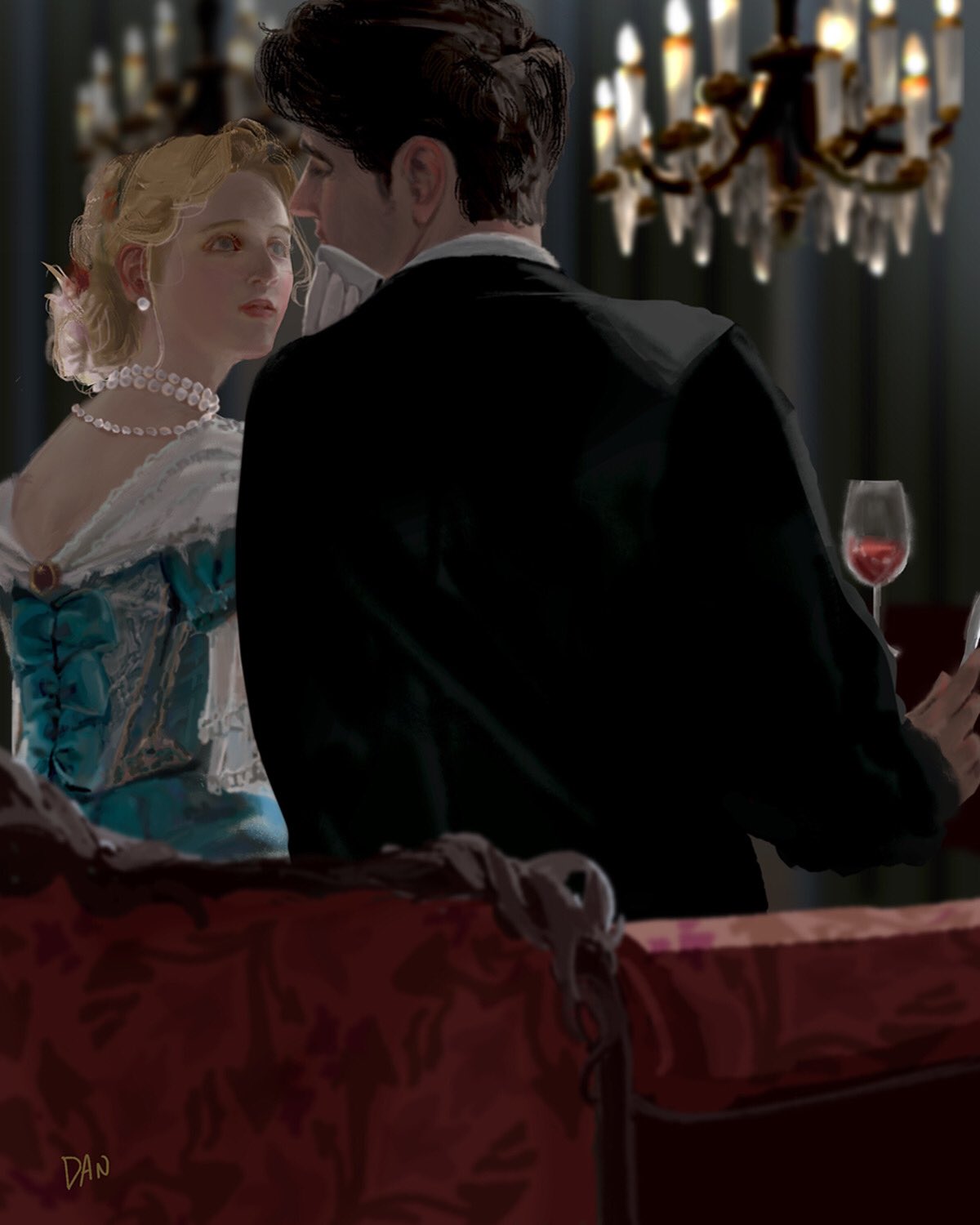 1boy 1girl alcohol artist_name black_jacket blonde_hair blue_dress blue_eyes brown_hair chandelier commentary_request cup danart14020 dress drinking_glass erina_pendleton handkerchief hetero highres holding holding_handkerchief indoors jacket jewelry jojo_no_kimyou_na_bouken jonathan_joestar long_hair long_sleeves looking_at_another necklace pearl_necklace phantom_blood realistic red_wine shirt short_hair sitting wine wine_glass wiping_face