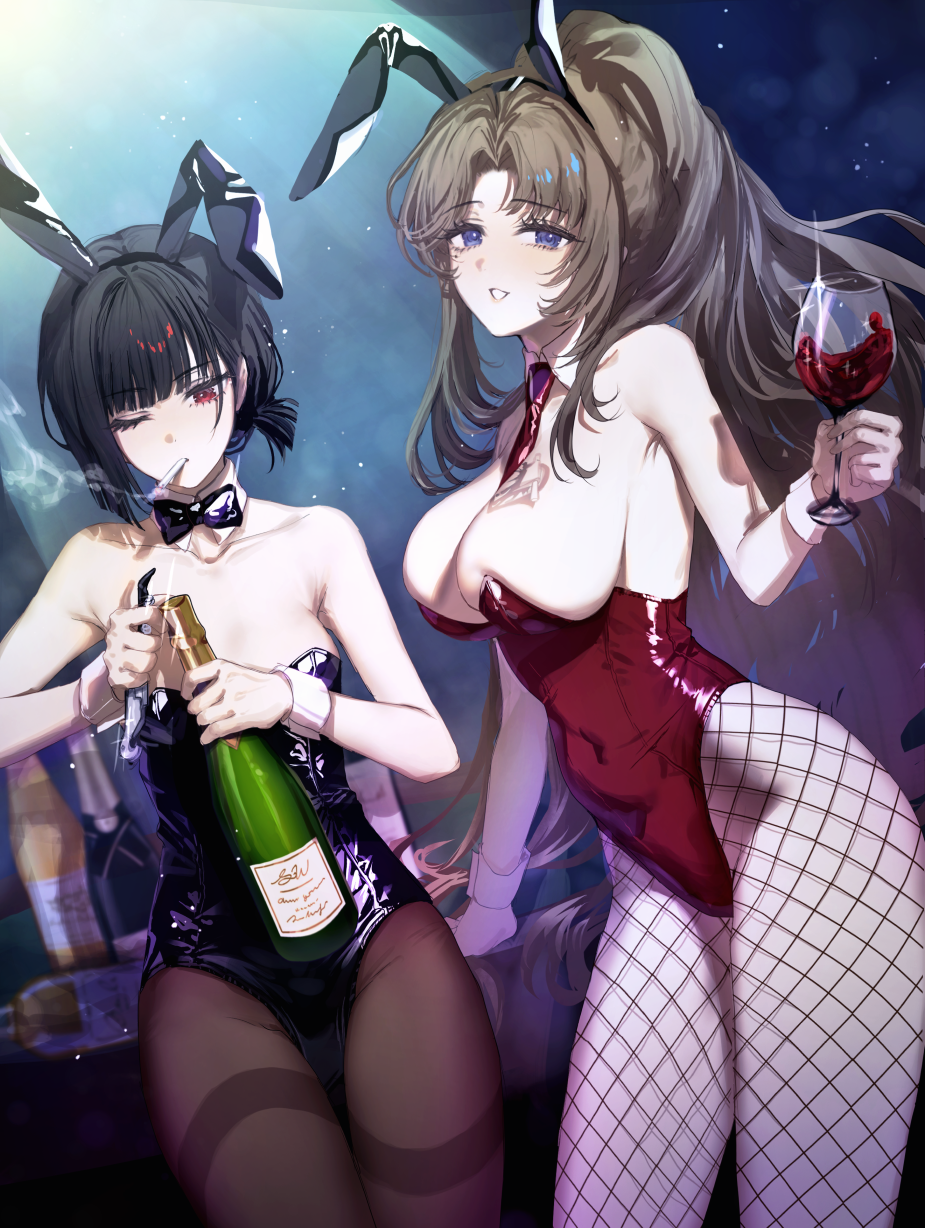 2girls alcohol animal_ears armpit_crease black_bow black_bowtie black_hair black_leotard black_pantyhose blue_eyes blunt_bangs blush bottle bottle_opener bow bowtie breast_tattoo breasts brown_hair cigarette cleavage commentary_request covered_navel cup detached_collar drinking_glass fake_animal_ears fishnet_pantyhose fishnets hand_on_table high_ponytail highres holding holding_bottle holding_cup kanmei korean_commentary large_breasts leaning_on_table leotard limbus_company long_hair medium_breasts mole mole_under_eye multiple_girls necktie nontraditional_playboy_bunny one_eye_closed open_mouth pantyhose playboy_bunny ponytail project_moon rabbit_ears red_eyes red_leotard red_necktie red_wine rodion_(limbus_company) ryoshu_(limbus_company) short_hair sidelocks single_sidelock skin_tight smoke smoking sparkle standing strapless strapless_leotard table tattoo teeth very_long_hair wine wine_bottle wine_glass wrist_cuffs