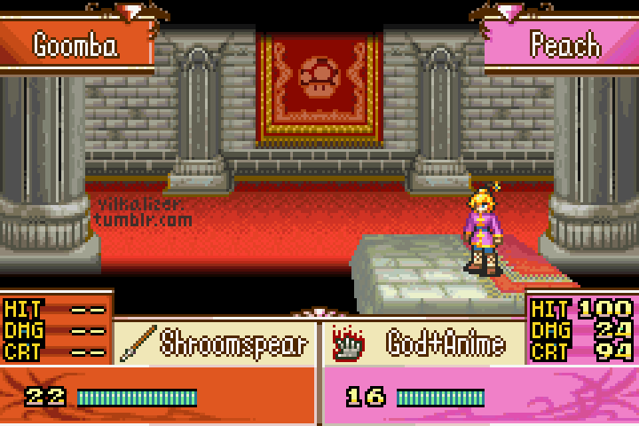 animated animated_gif attack blonde_hair chinese_clothes crossover duel english_commentary english_text fire fire_emblem goomba heads-up_display holding holding_polearm holding_weapon jacket kung_fu_master_peach mario_(series) pixel_art polearm princess_peach princess_peach:_showtime! purple_jacket spear sprite stomping super_mushroom tumblr_username vilkalizer weapon