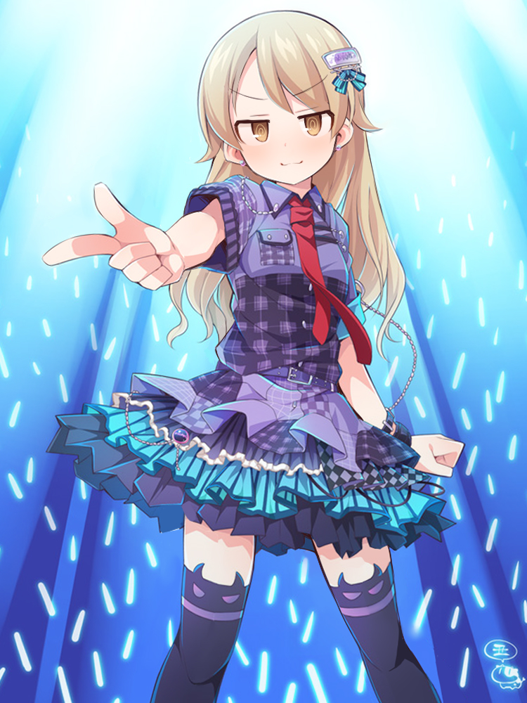 &gt;:) 1girl alternate_hairstyle belt belt_buckle black_thighhighs bracelet breast_pocket buckle chain concert cowboy_shot glowstick hair_between_eyes hair_down hair_ornament horn_band_legwear idol idolmaster idolmaster_cinderella_girls idolmaster_cinderella_girls_starlight_stage individuals_(idolmaster) jewelry layered_skirt light_brown_hair light_rays long_hair looking_at_viewer morikubo_nono necktie plaid pleated_skirt pocket pointing revision shirt short_sleeves signature skirt smile solo standing thighhighs uccow v-shaped_eyebrows yellow_eyes