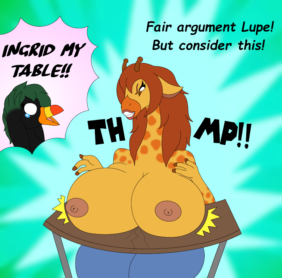 anthro avian big_breasts bird breaking breast_drop breasts broken_table cartoon_network curvaceous curvy_figure duo english_text fair_argument_(meme) female foxtide888 freaking_out furniture giraffe giraffid heavy huge_breasts ingrid_giraffe looking_down lupe_toucan mammal my_gym_partner's_a_monkey nipples sitting table text toucan voluptuous