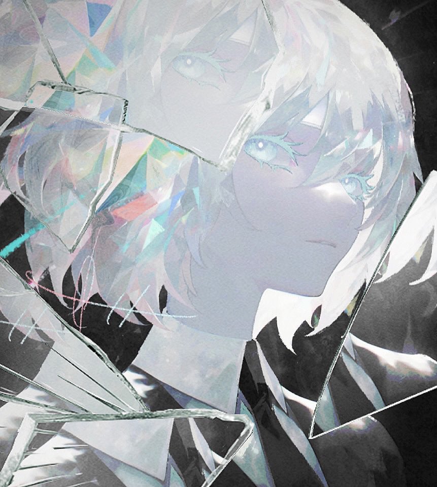 1girl 1other app_filter black_background black_necktie collared_shirt colored_eyelashes commentary diamond_(houseki_no_kuni) gem_uniform_(houseki_no_kuni) glass_shards hair_between_eyes ham_melon_(iloha_24) houseki_no_kuni looking_at_viewer necktie portrait shirt short_hair signature simple_background solo symbol-only_commentary white_eyes white_hair