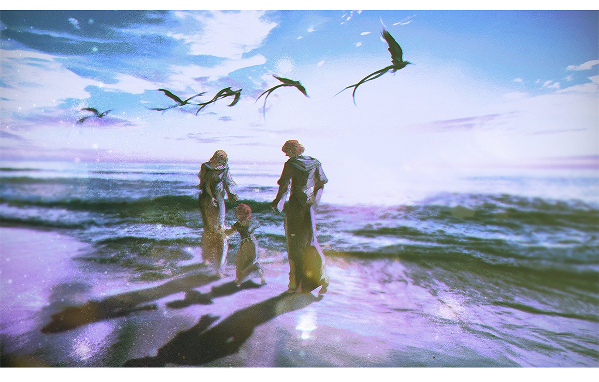 athena_(ff14) barefoot beach black_capelet black_robe blue_sky brown_hair capelet child cloud covered_eyes day erichthonios family final_fantasy final_fantasy_xiv hephaistos_(ff14) hood hood_down hooded_capelet lens_flare letterboxed mask ocean orange_hair outdoors robe scenery short_hair simple_bird skraksff sky walking wide_shot