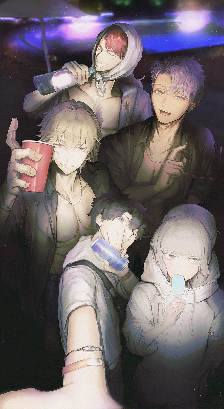 5boys :d beach blush bottle camera_flash dark drunk eating fate/grand_order fate_(series) food fujimaru_ritsuka_(male) gawain_(fate) half-closed_eyes happy highres holding holding_bottle lancelot_(fate/grand_order) looking_at_viewer male_focus multiple_boys muscular muscular_male night oberon_(fate) official_alternate_costume open_clothes open_shirt outstretched_arm pectoral_cleavage pectorals popsicle raw07w selfie short_hair sideways_glance smile tristan_(fate) unamused upper_body
