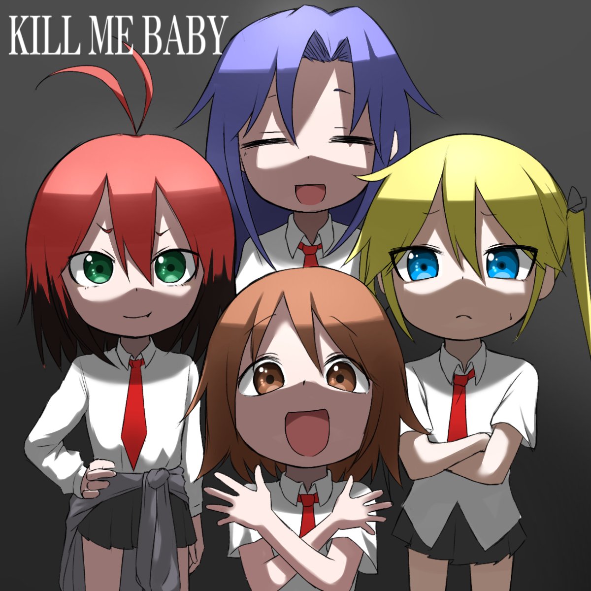 4girls black_background blonde_hair blue_eyes bohemian_rhapsody braid brown_eyes brown_hair crossed_arms fang fusuma_(suwaru_boom) goshiki_agiri green_eyes hair_ribbon highres kill_me_baby long_hair multicolored_hair multiple_girls necktie open_mouth oribe_yasuna parody purple_hair queen_(band) red_hair red_necktie ribbon school_uniform short_hair skirt sonya_(kill_me_baby) twintails unused_character_(kill_me_baby)