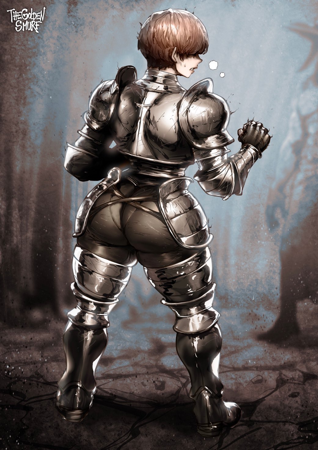 1girl armor artist_name ass breasts brown_eyes brown_hair d'arce_(fear_&amp;_hunger) fear_&amp;_hunger fingerless_gloves from_behind full_body gloves hair_over_eyes highres knight large_breasts pantylines pixie_cut short_hair skin_tight solo standing the_golden_smurf thick_thighs thighs