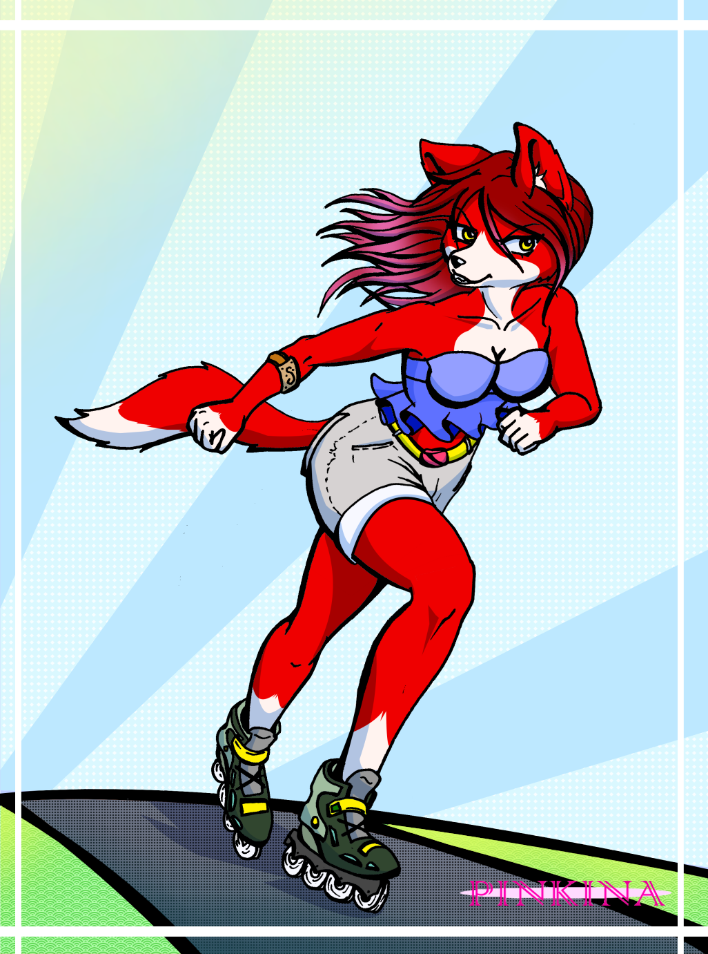 action anthro canid canine female fox hi_res invalid_tag mammal pinkina red_fox roller_skates solo speed sport ych
