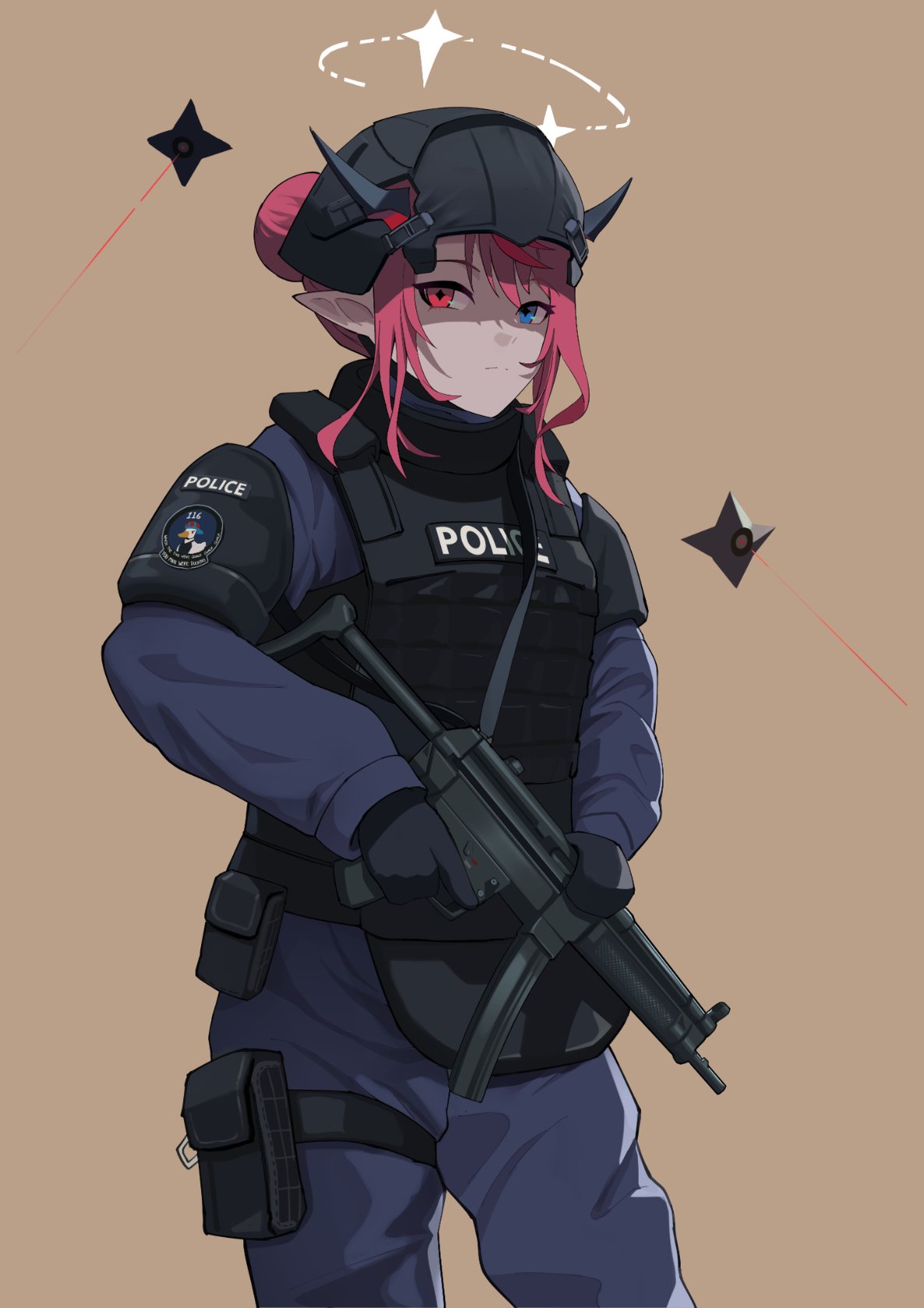 1girl blue_eyes body_armor bulletproof_vest combat_helmet gun h&amp;k_mp5 halo helmet heterochromia highres hololive hololive_english horns irys_(hololive) long_hair looking_at_viewer multicolored_hair pointy_ears police police_uniform policewoman purple_hair red_hair shift_(shiftillust) solo submachine_gun swat tactical_clothes uniform virtual_youtuber weapon