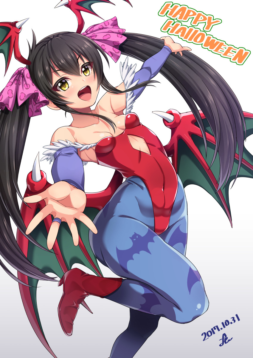 1girl animal_print bare_shoulders bat_print black_hair blue_pantyhose blush boots bow breasts bridal_gauntlets clothing_cutout collarbone cosplay dated demon_girl demon_wings fake_wings flat_chest gradient_background grey_background hair_between_eyes hair_bow hair_ribbon happy_halloween head_wings highres idolmaster idolmaster_cinderella_girls idolmaster_cinderella_girls_starlight_stage leg_up leopard_print leotard lilith_aensland lilith_aensland_(cosplay) long_hair looking_at_viewer matoba_risa open_hands open_mouth outstretched_arms pantyhose pink_ribbon print_pantyhose print_ribbon red_footwear red_leotard ribbon signature simple_background small_breasts smile solo standing standing_on_one_leg strapless strapless_leotard teeth twintails upper_teeth_only vampire_(game) wings yellow_eyes yoohi