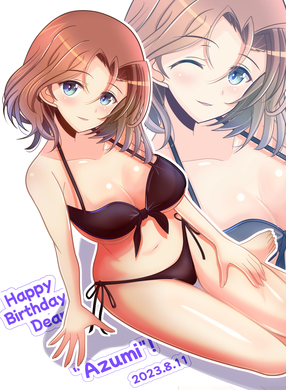 1girl azumi_(girls_und_panzer) bikini birthday blue_eyes blush breasts brown_hair character_name cleavage collarbone dated english_text girls_und_panzer happy_birthday highres kumaisao looking_at_viewer one_eye_closed open_mouth parted_bangs short_hair smile solo swimsuit