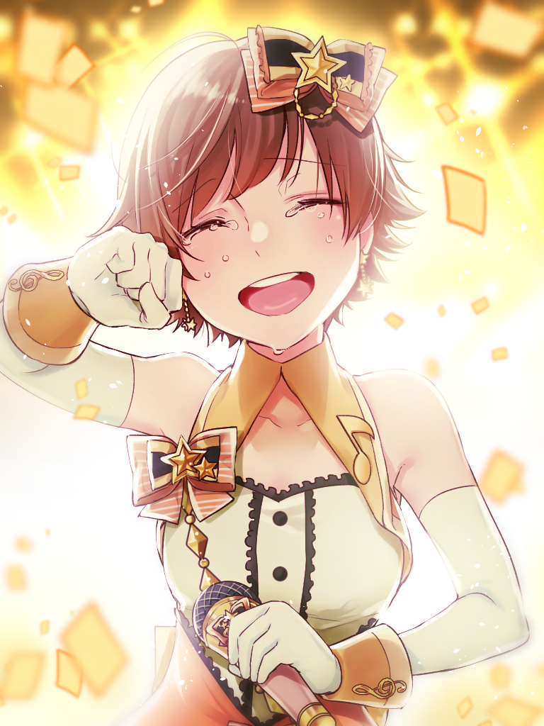 1girl ^_^ backlighting blush brown_hair cleavage_cutout closed_eyes clothing_cutout collarbone commentary_request confetti gloves hajimetakauma holding holding_microphone honda_mio idolmaster idolmaster_cinderella_girls microphone partial_commentary short_hair sleeveless smile solo stage_of_magic_(idolmaster) teardrop tears teeth upper_body upper_teeth_only white_gloves