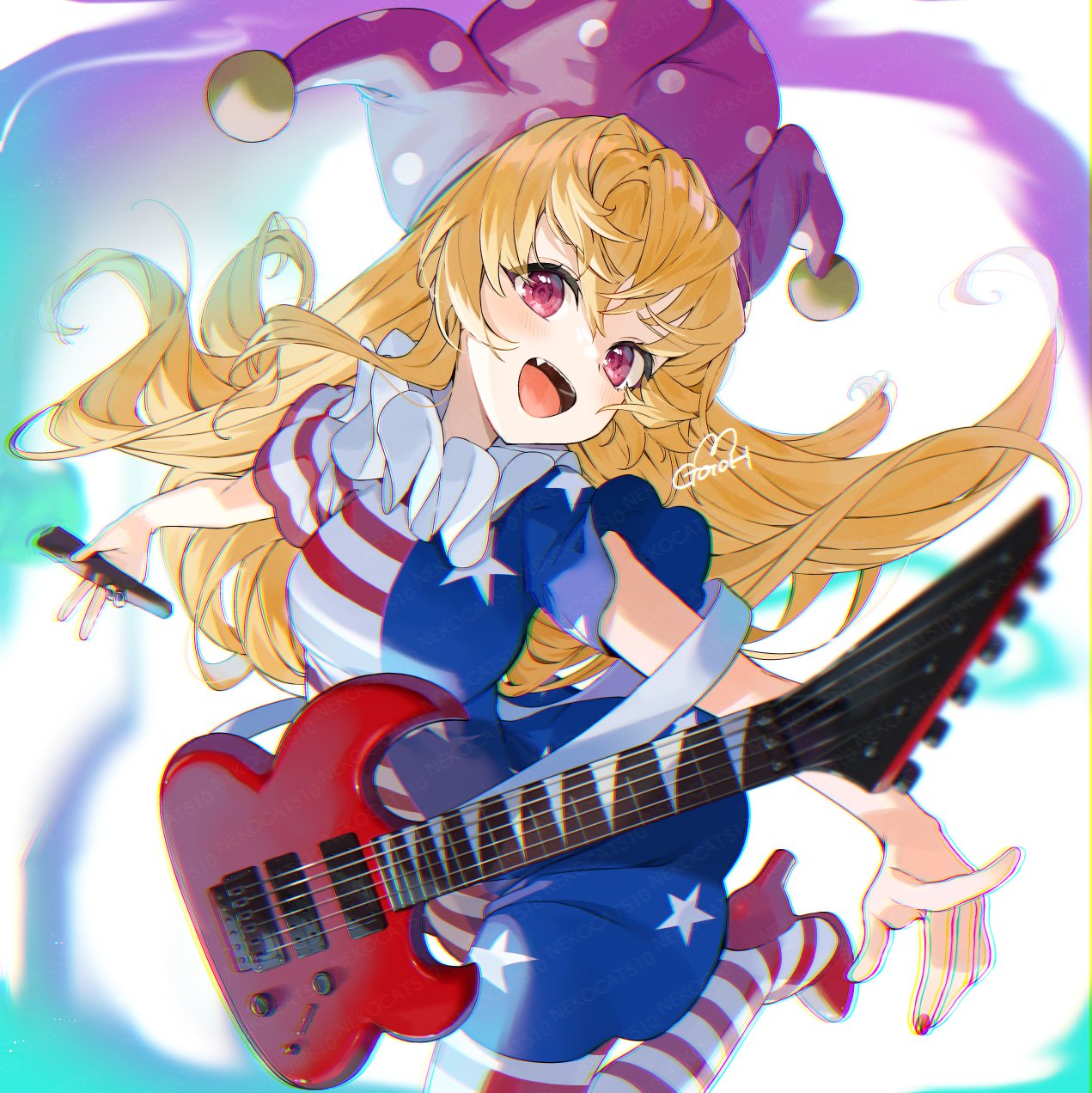 1girl american_flag_dress american_flag_legwear blonde_hair blue_nails blush clownpiece dress electric_guitar fang fingernails gotou_(nekocat) guitar hair_between_eyes hat high_heels highres holding holding_torch instrument jester_cap long_hair nail_polish open_mouth pantyhose pink_eyes polka_dot polka_dot_headwear purple_headwear red_footwear red_nails short_sleeves signature smile solo star_(symbol) star_print striped striped_dress striped_pantyhose torch touhou watermark