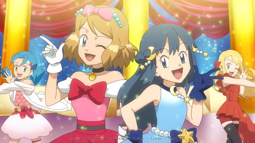 4girls :d ;d aqua_eyes black_choker black_hair blonde_hair blue_dress blue_gloves choker dawn_(pokemon) dress eyelashes flipped_hair floating_hair gloves hair_ornament hairclip hand_on_own_hip happy idol kris_(pokemon) long_hair medium_hair mixed-language_commentary multiple_girls noelia_ponce one_eye_closed open_mouth pokemon pokemon_(anime) pokemon_journeys red_dress serena_(pokemon) sleeveless sleeveless_dress smile sparkle stage thighhighs tongue twintails w watermark