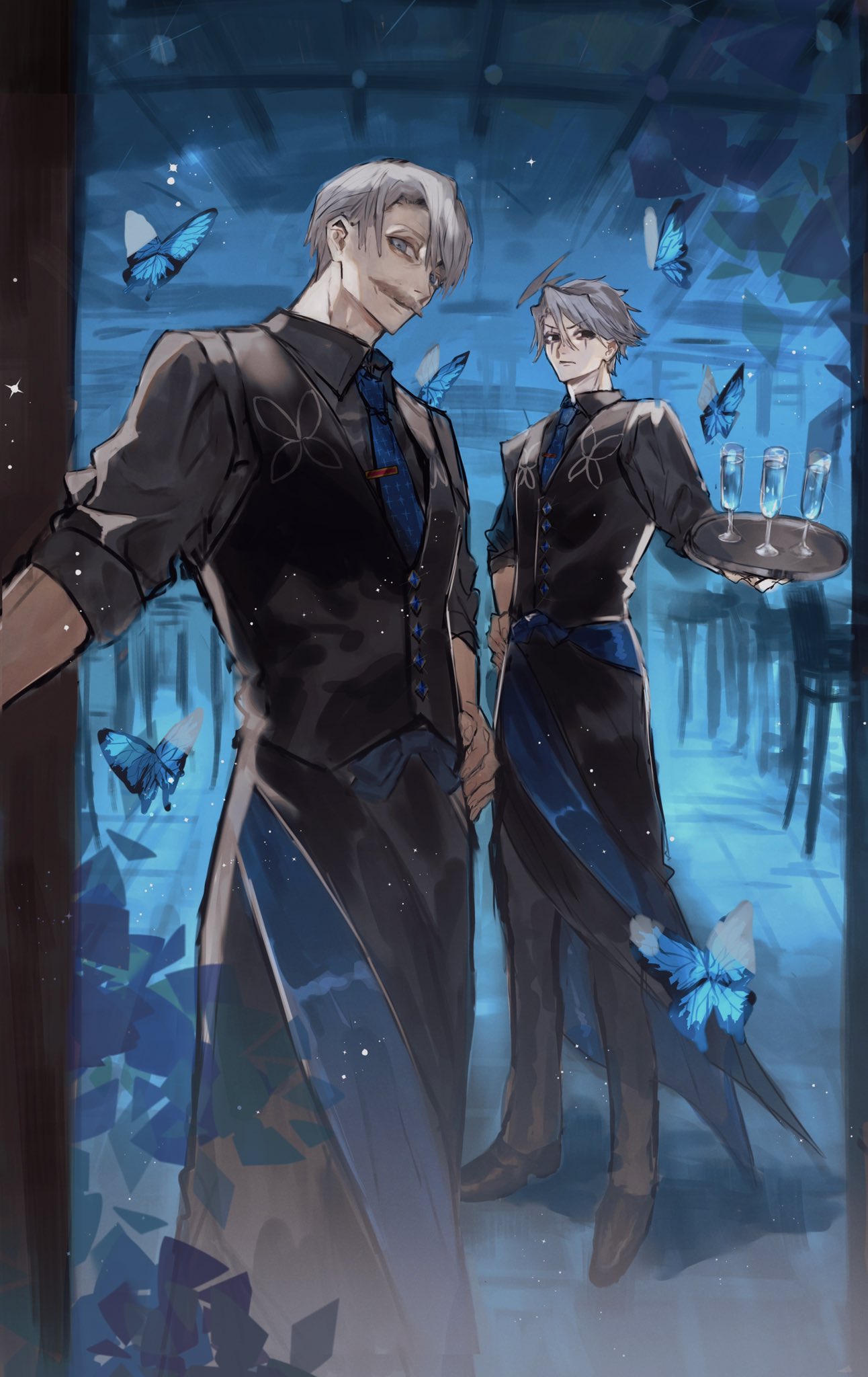 2boys ahoge bar_(place) bartender black_pants blue_butterfly blue_eyes blue_necktie bug butterfly cocktail_glass cup drinking_glass facial_hair fate/grand_order fate_(series) formal full_body grey_hair highres holding holding_tray incoming_drink james_moriarty_(archer)_(fate) james_moriarty_(gray_collar)_(fate) james_moriarty_(ruler)_(fate) long_sleeves looking_at_viewer male_focus multiple_boys mustache necktie official_alternate_costume old old_man ou_syoku7 pants short_hair tray vest